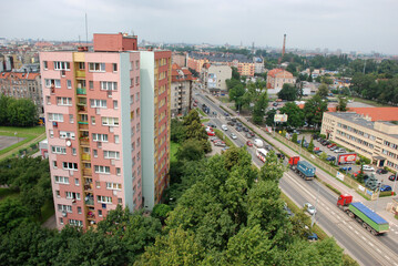 Budynki zabudowy miejskiej widok z góry na miasto. 
