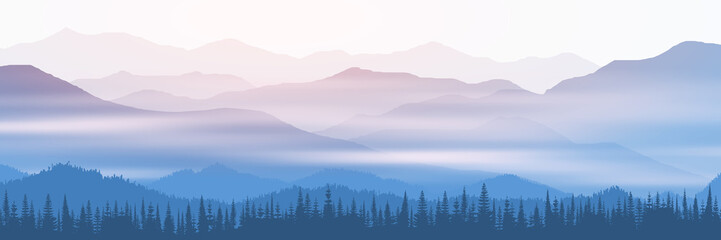 Vector illustration of mountains, valley in fog, morning light, panoramic view	
