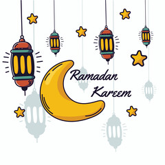 cute ramadan kareem with hand draw moon with lanterns and stars