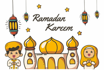 Ramadan Kareem with hand drawn Mosque with lanterns, stars and Muslim children