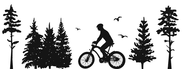 silhouette of young driver on mountain bike. cycling, man, trees, vector, silhouette. set of christmas trees, cyclist, birds, pines vector