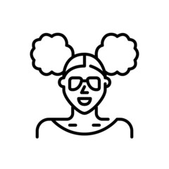 African American girl with two side buns hairstyle, cute sunglasses and earrings. Pixel perfect, editable stroke avatar icon