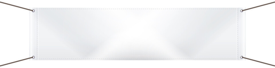 White textile banner, blank empty canvas template. Horizontal advertising vinyl banner with eyelets. 3D realistic isolated vector illustration.