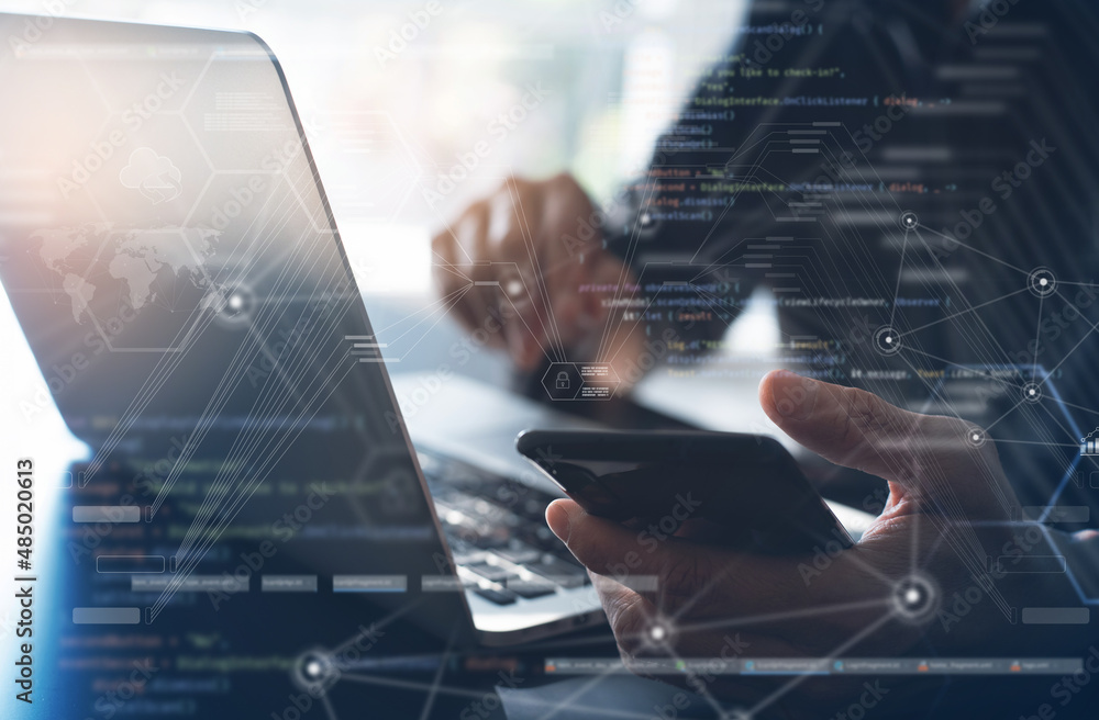 Poster digital software development, blockchain, internet network technology, concept. man computer program