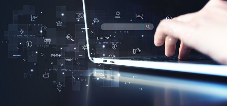 Close up man hand typing on laptop computer keyboard to use search engine optimization (SEO) tools f