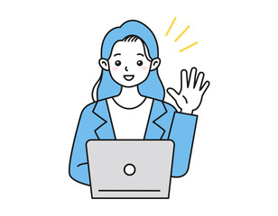 ノートパソコンを使ってオンライン上で挨拶をする女性のイラスト　ビジネスシーン