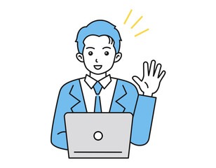 Fototapeta na wymiar ノートパソコンを使ってオンライン上で挨拶をする男性のイラスト　ビジネスシーン
