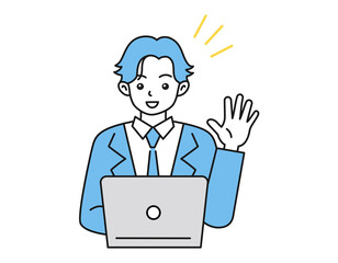 Fototapeta na wymiar ノートパソコンを使ってオンライン上で挨拶をする男性のイラスト　ビジネスシーン