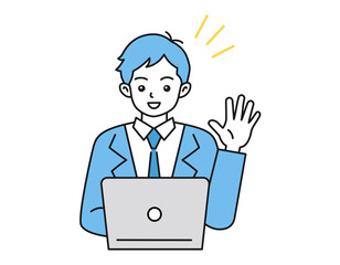 ノートパソコンを使ってオンライン上で挨拶をする男性のイラスト　ビジネスシーン
