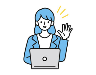 Fototapeta na wymiar ノートパソコンを使ってオンライン上で挨拶をする女性のイラスト　ビジネスシーン