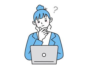 ノートパソコンの前で考え事をする女性のイラスト　ビジネスシーン