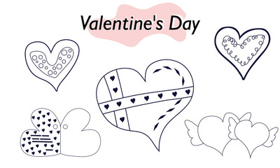 A set of items for Valentines Day. Envelopes, valentines, letters. In linear design. A symbol of love and a Valentines Day holiday. Vector illustration.