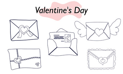 A set of items for Valentines Day. Envelopes, valentines, letters. In linear design. A symbol of love and a Valentines Day holiday. Vector illustration.