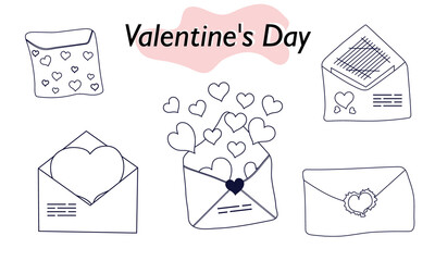 A set of items for Valentines Day. Envelopes, valentines, letters. In linear design. A symbol of love and a Valentines Day holiday. Vector illustration.