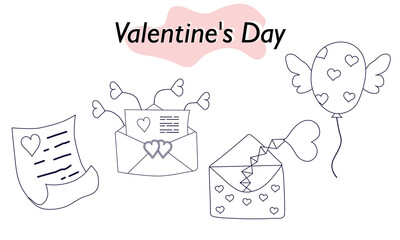 A set of items for Valentines Day. Envelopes, valentines, letters. In linear design. A symbol of love and a Valentines Day holiday. Vector illustration.