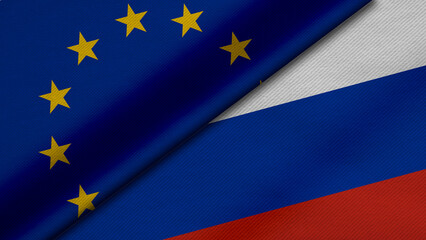 3D Rendering of two flags from European Union and Russian Federation together with fabric texture, bilateral relations, peace and conflict between countries, great for background