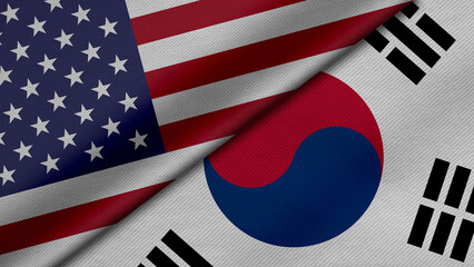 3D Rendering of two flags from Federal United States of America and Republic of Korea together with fabric texture, bilateral relations, peace and conflict between countries, great for background