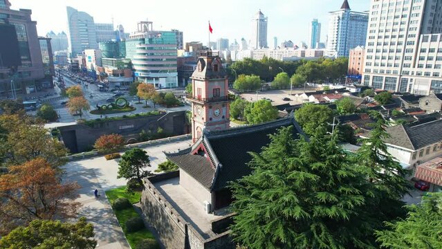 Urban environment of Nantong bell tower in Jiangsu Province