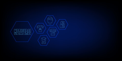 Metaverse and technology concept. Hexagon frame and icons of the virtual world such as playing online games, learning online, using a 360-degree screen, wearing VR glasses on blue background.