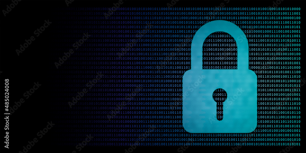 Poster digital security concept by binary code drawing a padlock blue green light on black background.