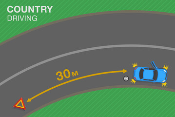 Safety driving rules and tips. Hazard or Warning triangle placement. Red breakdown triangle stands near broken car on road side. Flat vector illustration template.