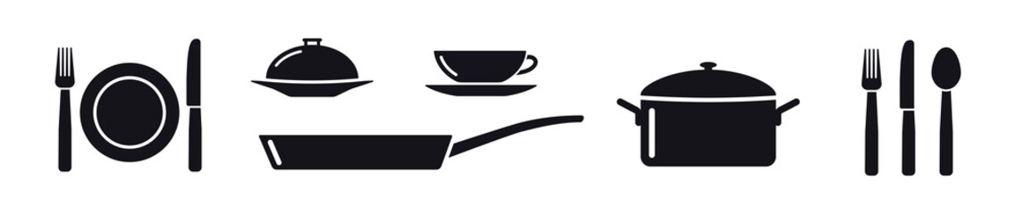 Kitchen tools pot pan plate and cutlery vector icon set