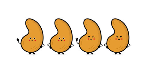 Funny cute happy cashew characters bundle set. Vector line cartoon style illustration. Cute cashew mascot character collection, outline cartoon illustration for coloring book