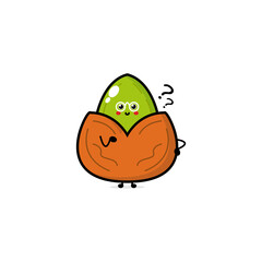 Cute funny pistachio character. Vector hand drawn cartoon character illustration icon. Isolated on yellow background. Pistachio character concept