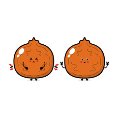 Funny cute happy walnut characters bundle set. Vector line cartoon style illustration. Cute walnut mascot character collection