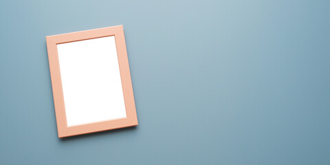 Empty pink wooden frame on grey background, copy space for mock up and template