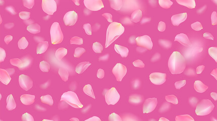 Fototapeta na wymiar Seamless pattern with realistic flying pink rose petals on bright background. Repeating texture with voluminous blurred falling sakura petal. Vector illustration with blur effect.