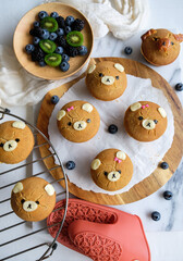 Healthy homemade pastry. Animated Bear Shape Cornbread with Fruits. Wholesome delicious cookies for tea break time or between meals snack.