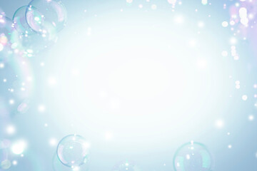 Fototapeta na wymiar Beautiful Transparent Blue Soap Bubbles Frame on White Background 