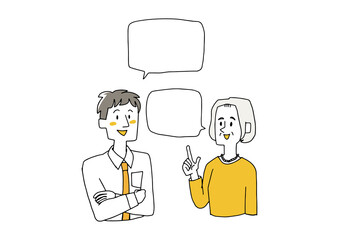 意見交換するビジネスマンとシニア女性　コミカルな手書きの人物イラスト　ベクター線画にシンプルな色つけ