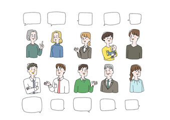 会話する人々と吹き出しのセット　コミカルな手書きの人物イラスト　カラー