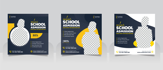 School admission social media post banner, educational social media post square flyer back to school web banner design template.