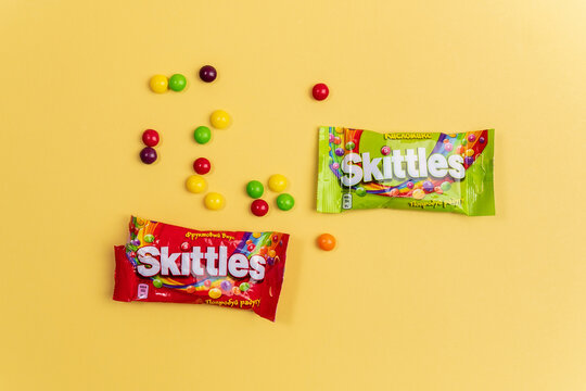 Tyumen, Russia-December 27, 2021: Skittles fruit flavoured candies. Wrigley Company a division of Mars Inc