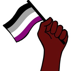 black hand raised in fist holding / waving asexual pride flag