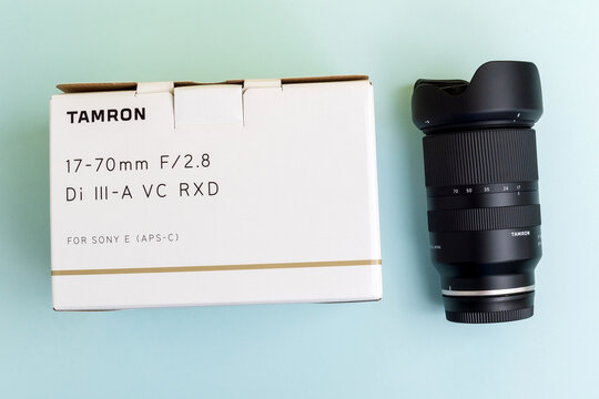 Tyumen, Russia-October 15, 2021: Tamron 17-70mm F 2.8 Di III-VC RD Sony E. Zoom lens of Sony crop cameras