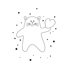 Cute vector cat with a heart in its paw. Valentine card. Illustration hand drawn with outline in doodle style.