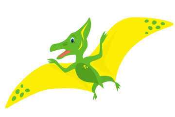 Vector illustration of a green dinosaur cub with yellow wings isolated on a white background.