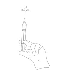 Fototapeta premium Vector illustration of a hand in medical glove holding the syringe in doodle style. Concept of vaccination and medical care.