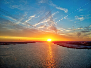 Aerial View of Sunset on the Delaware River Philadelphia