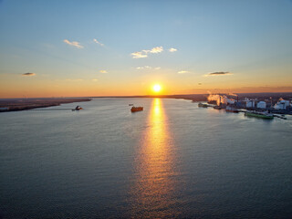Aerial View of Sunset on Delaware River in Marcus Hook, Pennsylvania