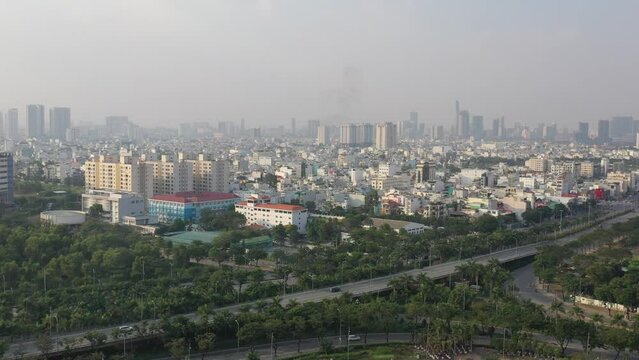 Ho Chi Minh City, Vietnam Jan 2022 4k aerial video of Ho Chi Minh City skyline look from District 7