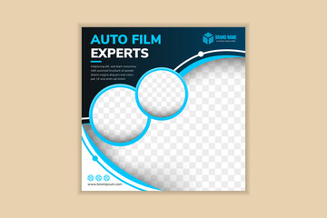 abstract social media post banner template design use headline is auto film experts. square layout with space for photo collage and text. dark blue background with white and blue color on elements