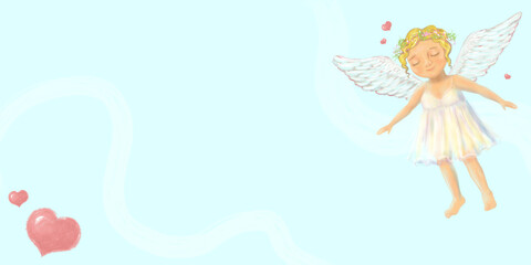 Girl angel blonde in a white dress with a wreath of flowers on her head. Pretty face, eyes closed. Wings. Drawing. Background template for layout with free space in the middle. Valentine's day, love.