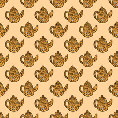 Vintage teapots seamless pattern. Background of teatime in hand drawn style.