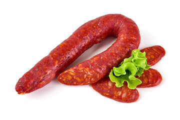 Spanish pork chorizo sausage, close-up, isolated on white background.