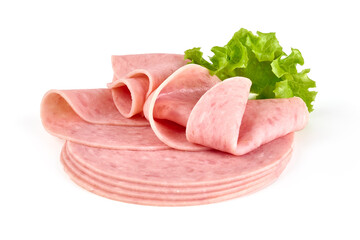 Boiled Ham Slices, close-up, isolated on a white background.